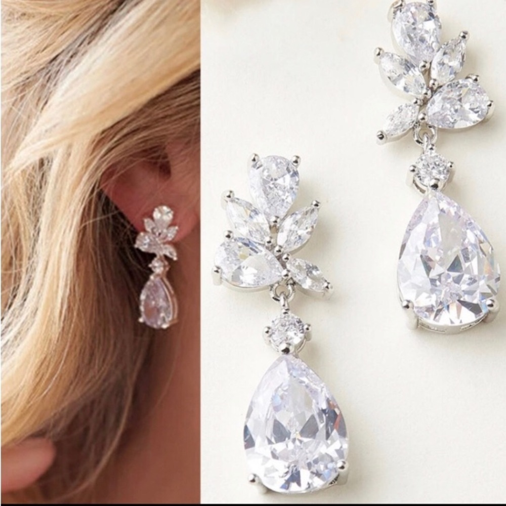 New silver 5.5g ornate pear drop simulated diamond CZ chunky stone earrings